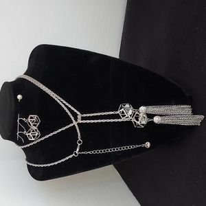 Silverstone Long Crossover Geometric Tassel Necklace 38" w Matching Earrings